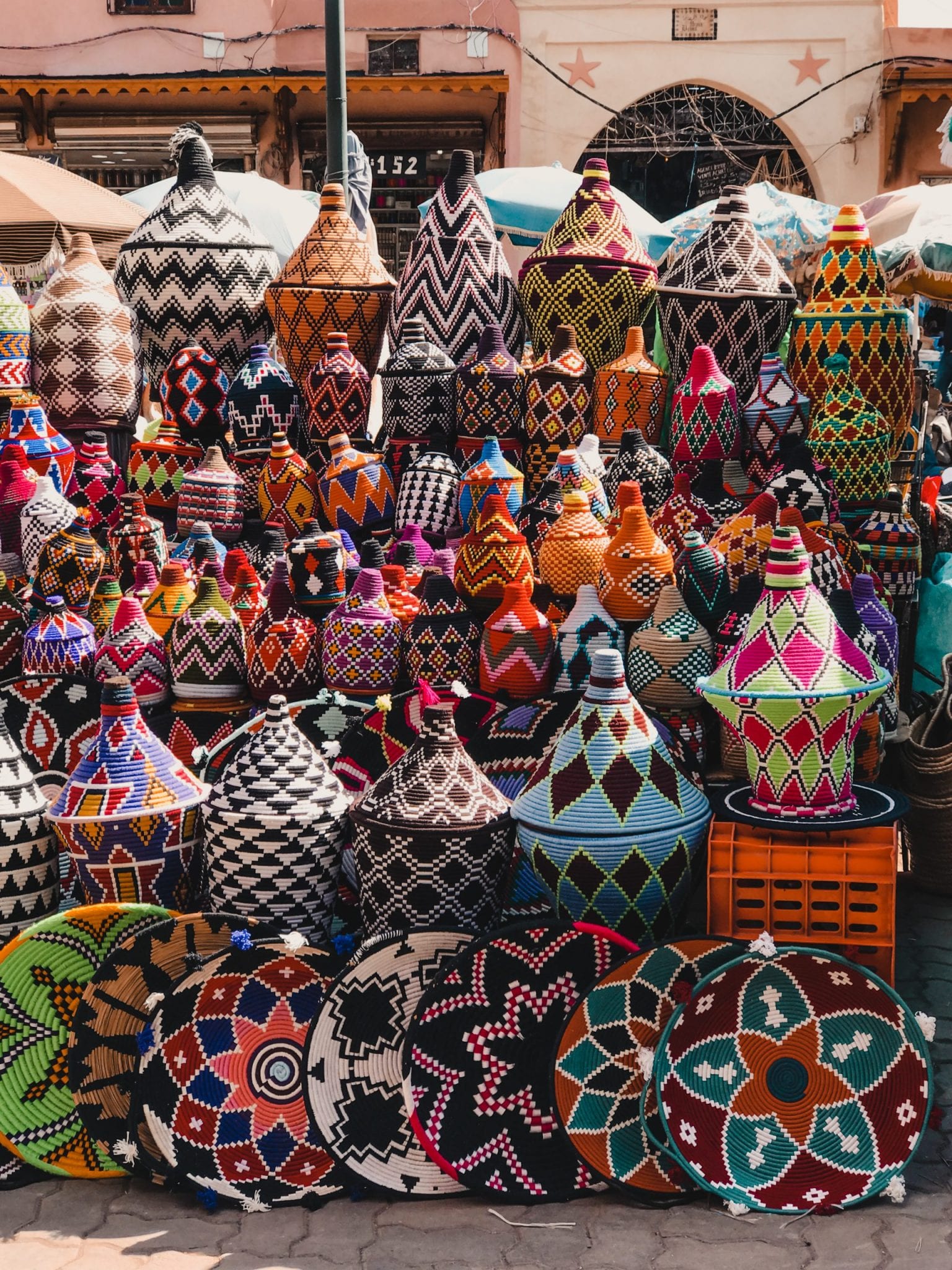 Woven baskets in outdoor market Morocco