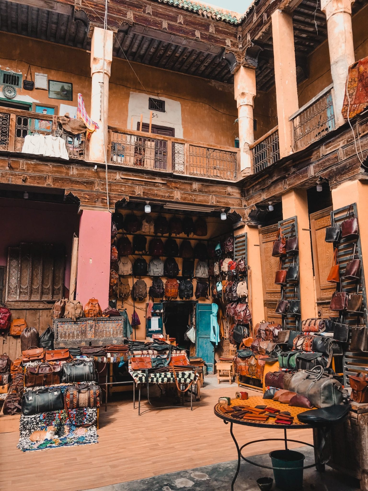 Open courtyard with leather shop in Marrakech Morocco 