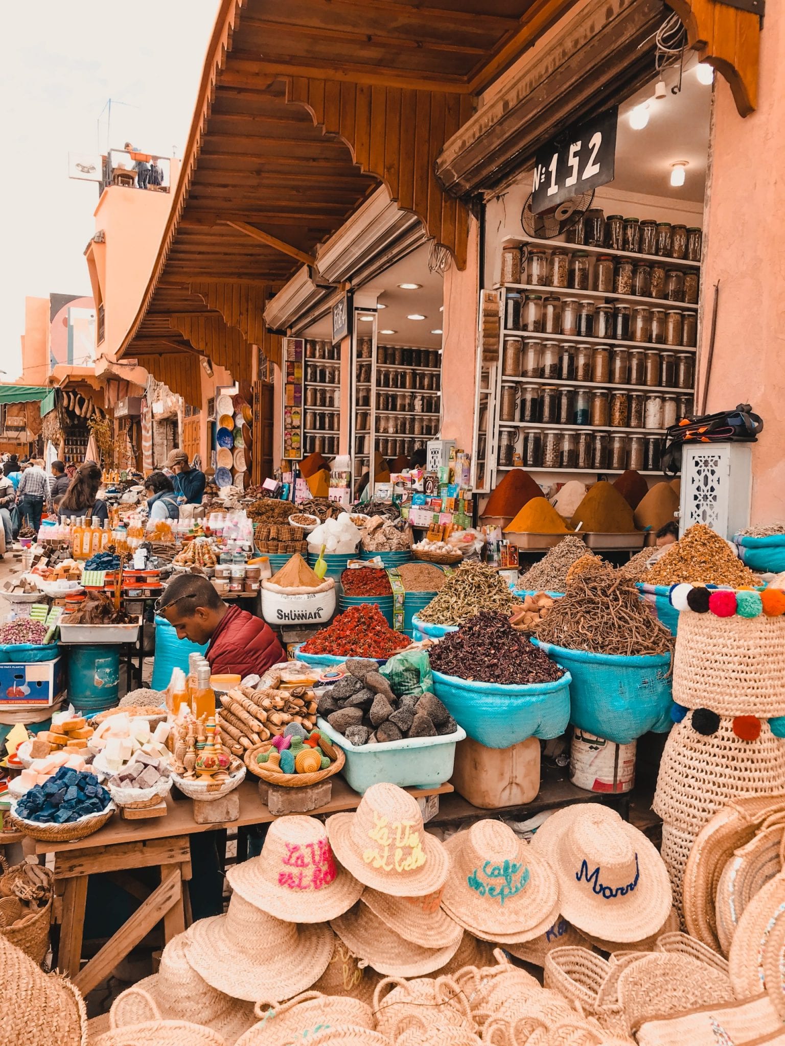 Vibrant spice shop in a market square Marrakech Morocco